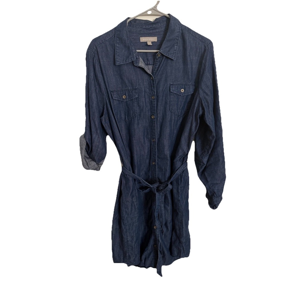 Banana Republic Dress Womens Size 14 Chambray Long Roll Tab Button Belted Blue